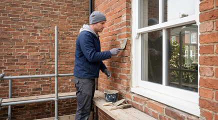 Fototapeta premium Bricklayer repairing mortar joints on red brick facade. Male builder on scaffolding pointing brickwork near white window