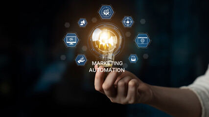 Obraz premium Marketing automation diagram showcase AI-driven campaign workflow, highlight marketing automation, data-driven strategy, marketing automation tools, and market automation process in business. Spline