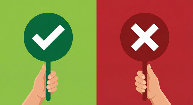 Minimalist illustration of hands holding green check and red cross circular signs against split colored background representing binary choice survey results and voting preference.