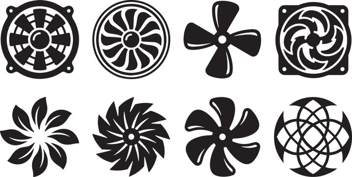 Ventilation Fan Icons Set Industrial Propeller and Cooler Silhouette Vectors