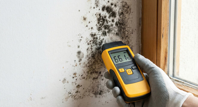 Person in white glove holding digital moisture meter showing 66.1% humidity on old wall with black mold, indicating water damage and fungal growth.