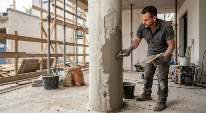 Male construction worker applying grey cement to a round column with a trowel. Builder repairing concrete structure on a building site with scaffolding. Renovation and masonry work