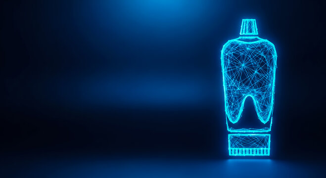 A glowing neon toothpaste tube with a tooth silhouette design, standing upright on a dark blue gradient background.