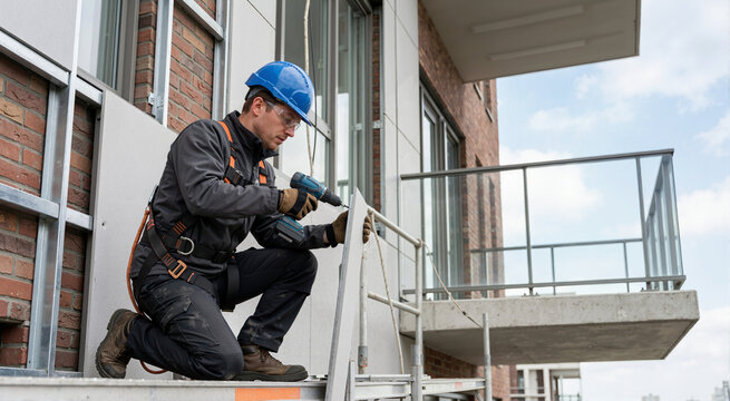 Construction worker in safety harness installing exterior facade panels. Male contractor using a cordless drill on scaffolding near a building balcony