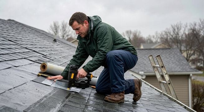 Roofer repairing a shingled roof in the rain. Male builder using a nail gun to install roofing material. Exterior house maintenance and renovation