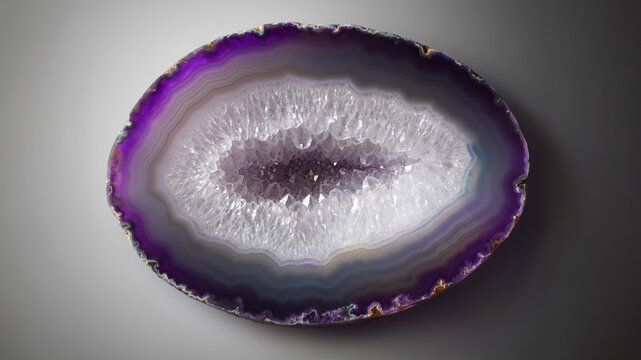 Premium luxury purple geode agate crystal slice with quartz core on abstract gradient background
