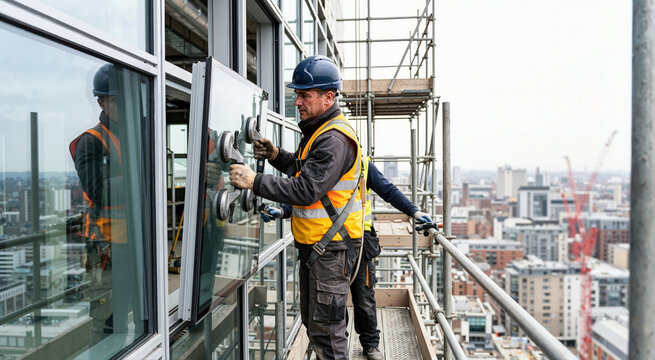 Glaziers installing glass facade panel on high-rise building. Construction workers on scaffolding using suction cups to fit large window