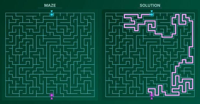 Hard square shaped geometric labyrinth puzzle with emerald aurora background and pink solution path
