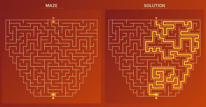 Hard truncated triangle shaped geometric labyrinth puzzle with sunset gradient background and orange solution path