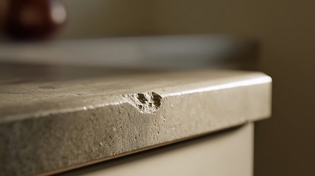 Close-up view of a damaged stone countertop with a chip on the edge, showcasing wear and tear over time, industrial concrete surface detail