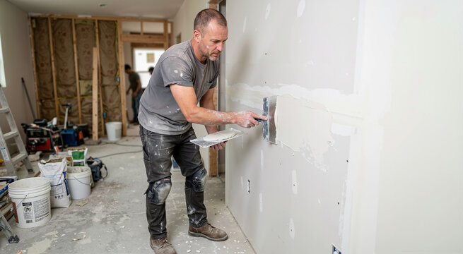 Professional contractor plastering drywall partition with a taping knife and hawk. Male construction worker finishing interior walls in a house under renovation