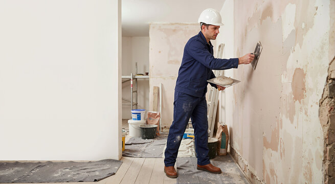 Male builder plastering a wall in a hard hat. Construction worker applying plaster during interior room renovation