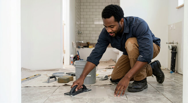 Black man kneeling and applying grout to ceramic floor tiles with a rubber float. Handyman working on bathroom renovation with tools and bucket. Home improvement and tiling repair