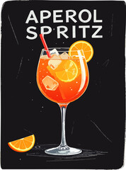 Obraz premium Cóctel aperol spritz con hielo y rodaja de naranja servido en copa elegante sobre fondo negro decorativo. Diseño refrescante para menú de bar y verano. 