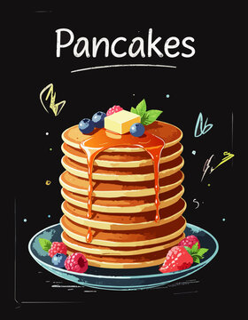  Pila de pancakes cubiertos con jarabe y decorados con frutas frescas sobre fondo oscuro decorativo. Concepto delicioso de desayuno y brunch dulce.

