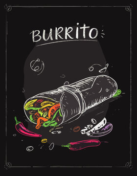  Burrito relleno de verduras y carne ilustrado sobre fondo negro con detalles gr&aacute;ficos coloridos. Dise&ntilde;o moderno inspirado en cocina mexicana y comida r&aacute;pida.
