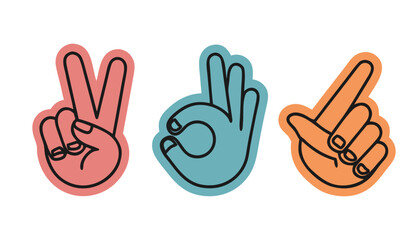 Fototapeta premium Three hands making gestures for peace okay and pointing against a white background with vibrant colors