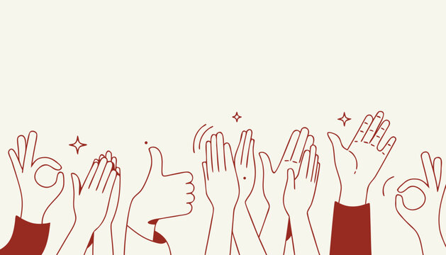 Hands applauding and giving thumbs up during a celebration with sparkling stars and a clean background