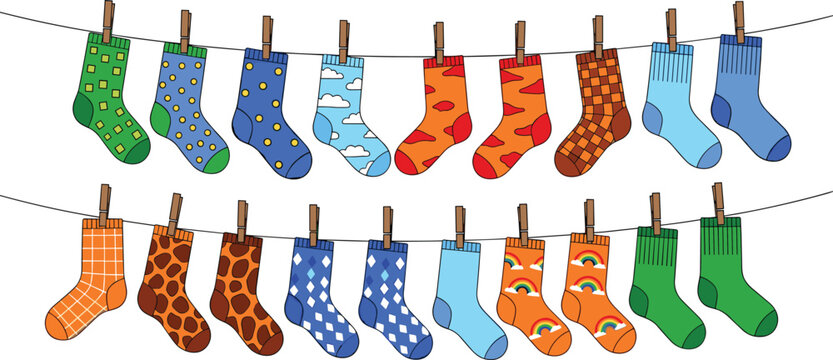 Colorful socks hanging on clothesline vector illustration set with clothespins and playful patterns isolated on white background