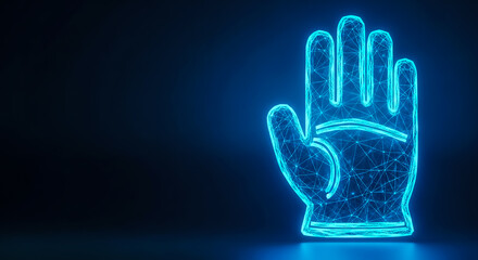 Naklejka premium A glowing neon blue polygonal cyber hand making a stop gesture on a dark background, representing technology and AI.