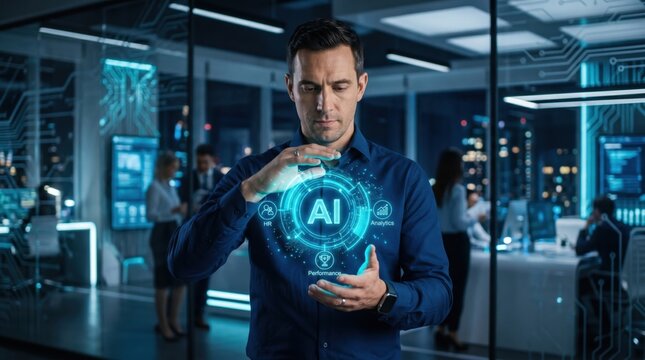 Programmer hand holding AI agent hologram. Artificial intelligence software projects code generation network for intelligent application development, automated test analysis, and system workflow.