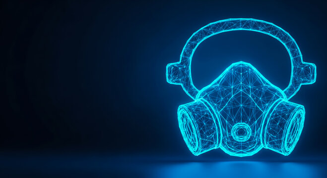 A wireframe-style glowing gas mask with head straps, set against a dark blue background, evoking a futuristic or technological theme.