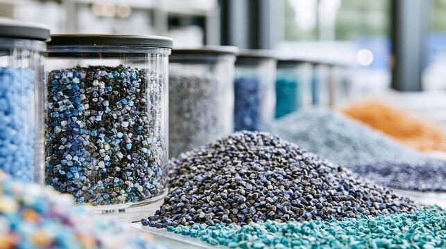 Focused view on transparent containers holding recycled plastic granules emphasizing cleanliness and order in a bright modern recycling materials laboratory.