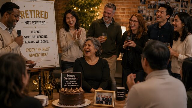 Diverse group celebrates a joyful retirement party with toasts and laughter during a warm evening gathering indoors