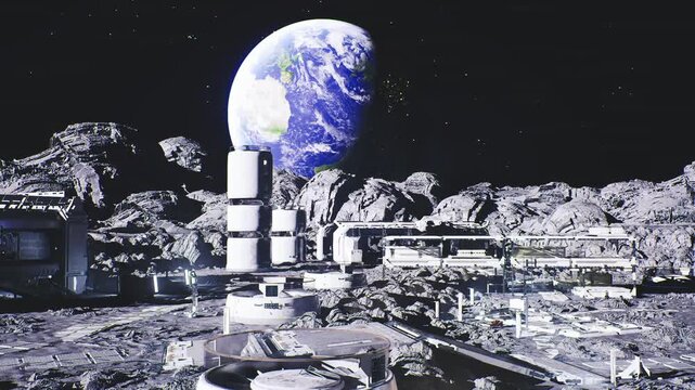 lunar observation deck with Earth panorama and viewing walkway, seating and telescopes, visitor path, tranquil nightsky viewing and leisure atmosphere