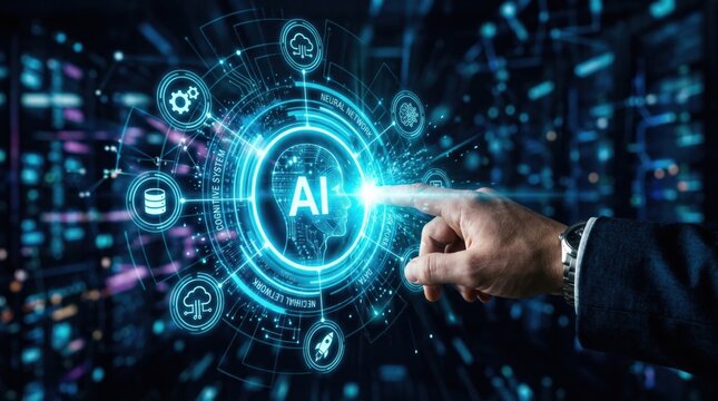 Businessman hand touching digital AI or artificial intelligence hologram interface for machine learning data analysis robotic process automation and generative technology innovation concept