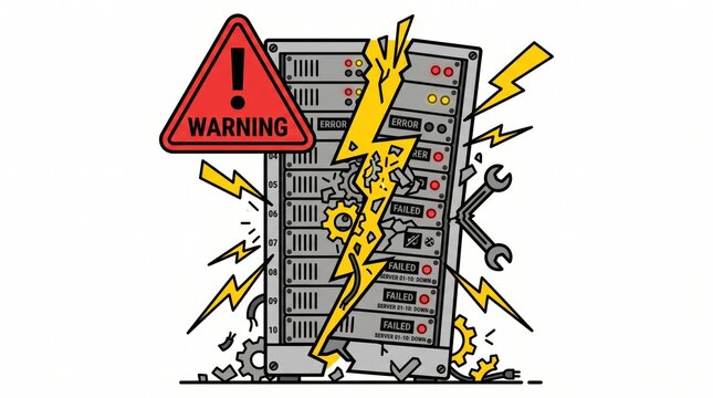 Broken computer server rack tools lightning bolts error signs maintenance system failure database malfunction tech graphic element cutout isolated clean transparent background illustration art