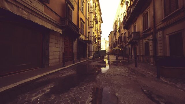 wet cobblestone street with cafe tables, amber reflections on shop windows, empty chairs under awnings, soft earlymorning calm, narrow urban scene ready