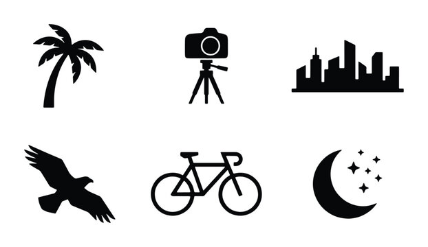Diverse Silhouette Icons: Palm Tree, Camera, Cityscape, Eagle, Bicycle, Moon & Stars Vector Set