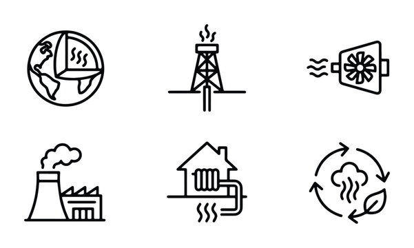 Geothermal Energy Icons Set: Earth Core, Drilling Rig, Turbine, Power Plant, Home Heating, Eco Cycle