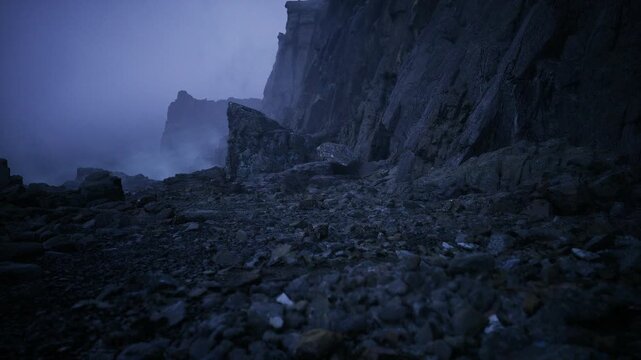 jagged promontory under moody indigo sky, dramatic shadows over stony shore, cinematic contrast and brooding palette for noir editorial and background scenes