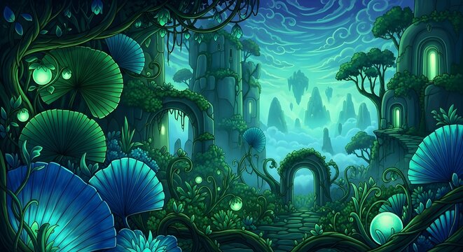 Photo of an enchanted fantasy forest with glowing flora, ancient ruins, and mystical pathways under a vibrant, otherworldly sky