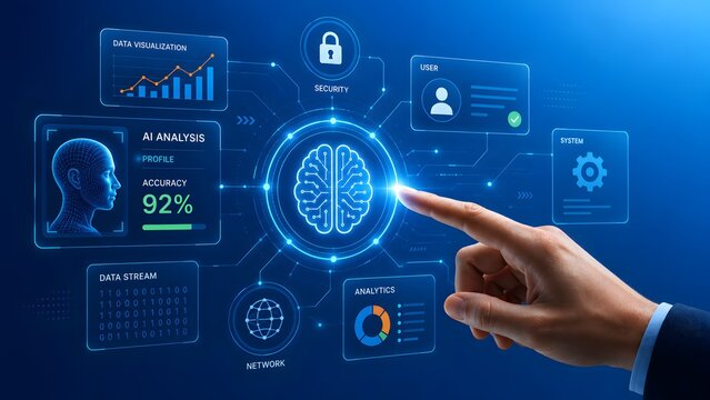 Human finger interacts with glowing digital brain interface showing AI analysis and data visualization on a dark blue background concept for technology and innovation