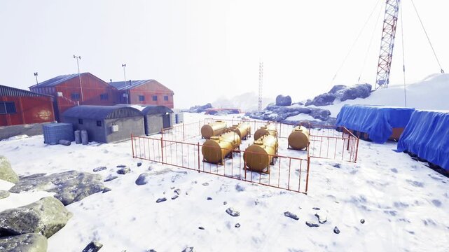 Yellow storage tanks arranged snowy yard fenced for safety valves and gauges visible orange barriers surrounding concrete pads supply lines tracing ground