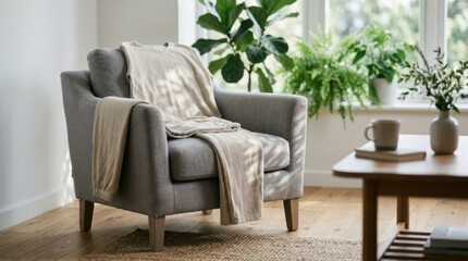 Fototapeta premium Comfortable gray armchair with draped beige blanket and green plants by window for cozy living room background and relaxation scene
