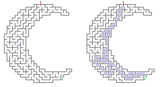 Maze design in the shape of letter C with solved path illustration on transparent background 