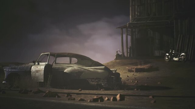 Rusted car on railway ties near derelict structure, scattered bolts and oil stains, weathered paint and industrial metal textures, composition evokes scrapyard