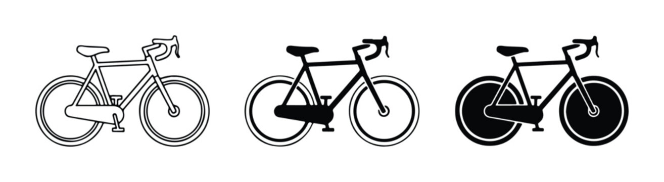 Bicycle Icons Set: Line Art, Silhouette, and Solid Black Vector Graphics for Cycling and Transport Themes