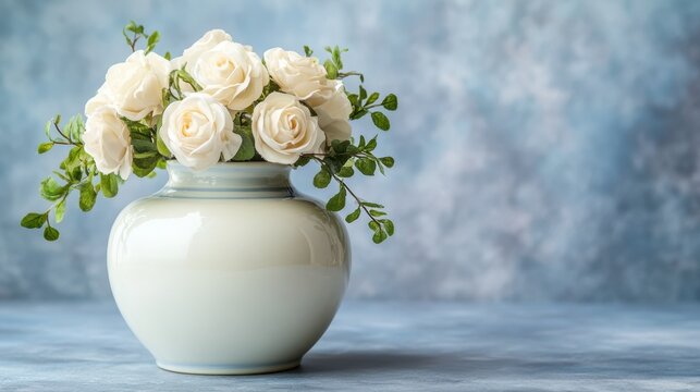 丸い花瓶に生けられた白いバラのフラワーアレンジメント。青い背景の供花。葬儀や追悼のための静物写真