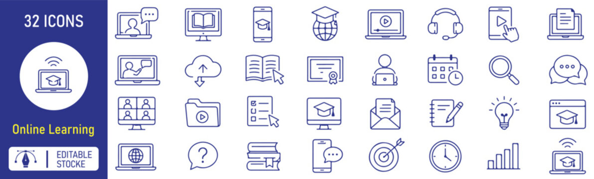 Online Learning and E-Learning Vector Outline Icons Set &ndash; Virtual Education, Distance Learning, Online Course and Digital Classroom Line Symbols Collection