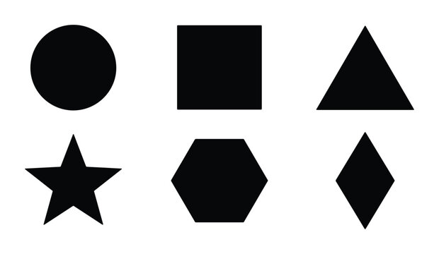 Geometric Shapes Collection: Circle, Square, Triangle, Star, Hexagon, Diamond Icons. Simple Black Forms for Design.