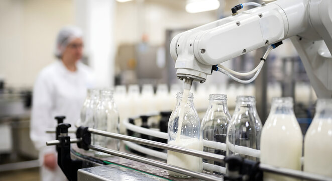 White robotic arm fills glass bottles with white liquid on automated production line in sterile food processing plant.