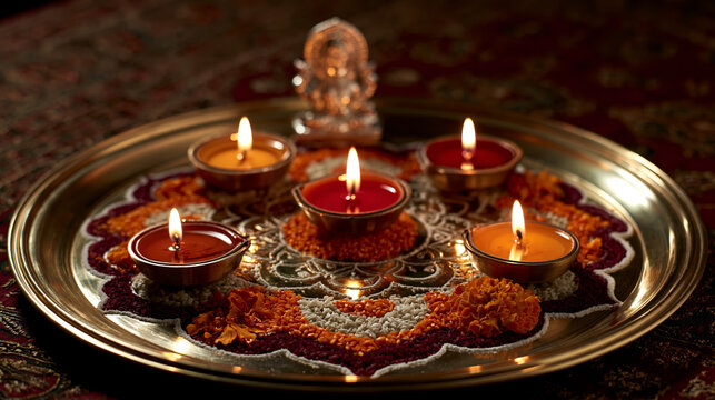 Five burning brass diya lamps with colorful wax on traditional rangoli pattern with rice grains and marigold flowers on a golden platter for Diwali festival celebration