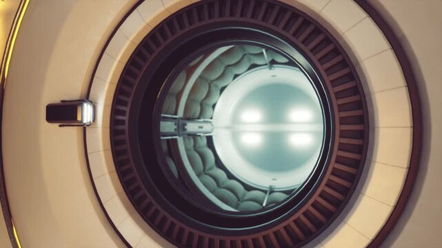 Circular habitation portal inside space station, padded interior rings and soft teal lighting, smallscale living design, crew access and comfort elements