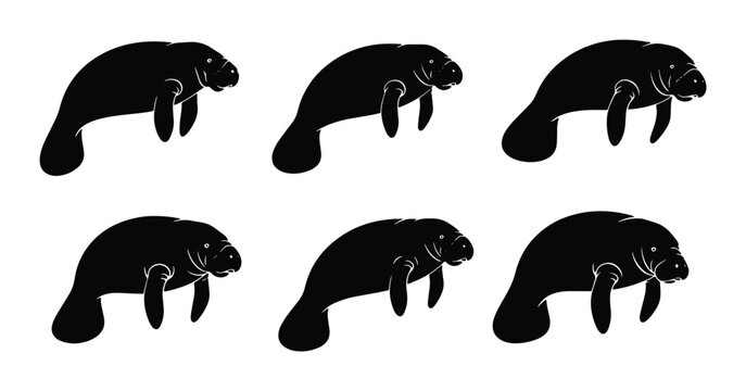 Six Black Manatee Silhouettes, Marine Mammal Vector Icons, Sea Cow Aquatic Wildlife Graphics