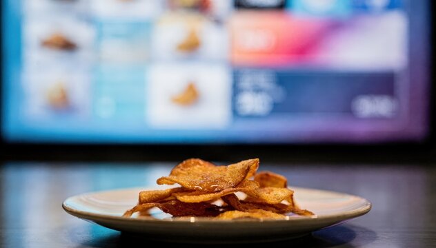 Closeup on a snack item featured on a digital interactive menu wall sharp focus on live nutrition and calories while the rest of the screen interface remains blurred.
